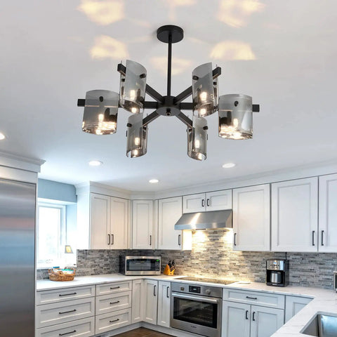 Six Light Black Glass Chandelier Pendant Lighting Mid Century Ceiling Fixture in modern kitchen setting