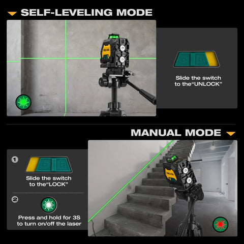 Pro Grade 360 Degree Laser Level With Tripod Plumb Dots And Cross Line Self Leveling IP54 Rechargeable Three Brightness Settings Plumb Spot Laser Level For Construction And Ceiling Installations in use showing self-leveling and manual modes on stairs and wall.