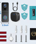 Wireless 1080P Video Doorbell With Chime, Battery Powered, 2.4GHz WiFi, accessories, dimensions, and user manual displayed