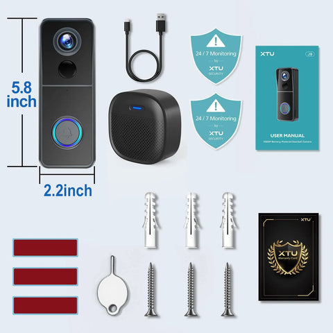 Wireless 1080P Video Doorbell With Chime, Battery Powered, 2.4GHz WiFi, accessories, dimensions, and user manual displayed