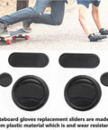 Longboard gloves and replacement sliders with POM plastic shown alongside skateboarders in motion, part of All In One Skate Tool Kit With T Type Allen Key And L Type Phillips Head Wrench Abrasive Cleaning Cube Replacement Longboard Gloves And Brake Block Set Built Tough From Aluminum Alloy And Durable Plastic.