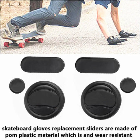 Longboard gloves and replacement sliders with POM plastic shown alongside skateboarders in motion, part of All In One Skate Tool Kit With T Type Allen Key And L Type Phillips Head Wrench Abrasive Cleaning Cube Replacement Longboard Gloves And Brake Block Set Built Tough From Aluminum Alloy And Durable Plastic.