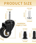 2 Inch Stem Caster Wheels Set Of 4 With 5/16 By 1-1/2 Inch Stem Iron And Plastic Sockets For Furniture, size dimensions displayed