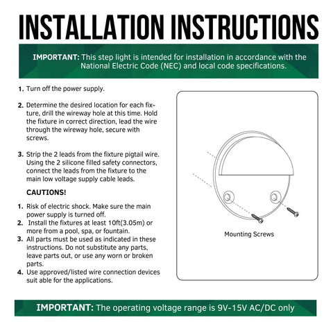 Installation instructions for 8 Pack Low Voltage LED Deck Lights Mini Eyelid Step Lights with diagram