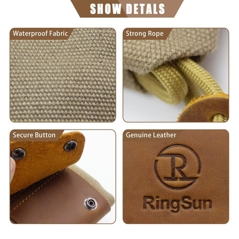 Close-up details of Waxed Canvas Foraging Belt Pouch with waterproof fabric, strong rope, secure button, and genuine leather trim.