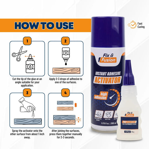 Cyanoacrylate Glue And Instant Activator Spray Set with usage instructions, two 1.77 oz glue bottles, 6.76 fl oz activator shown.
