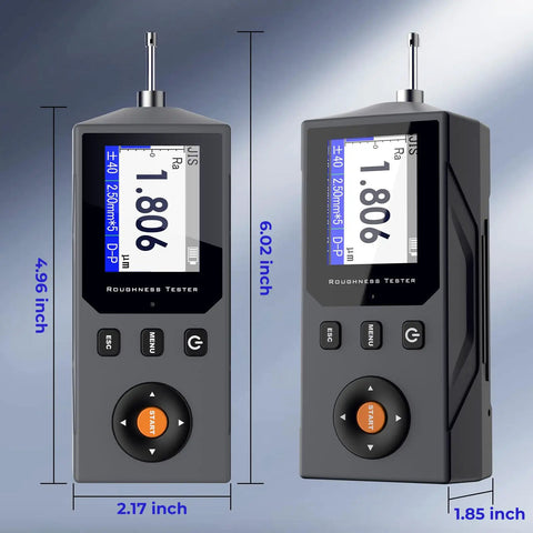 Pro Grade Surface Roughness Tester with 5 Micron Diamond Stylus Inductive Sensor High Precision Digital Profilometer shown front and side