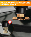 1/4 NPT Brass Air Compressor Drain Valve With Hand Turn Handle installed under a tank, showing rust resistance and easy installation.