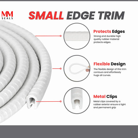 White Edge Trim Small 0.375 Inch U Height And 0.039 To 0.093 Inch Grip Range For 100 Foot Flexible Edge Channel Strip With Snap In Clips No Adhesive Needed Easy Install Durable White Finish For Car Home And Furniture Edges, close-up showing coil.