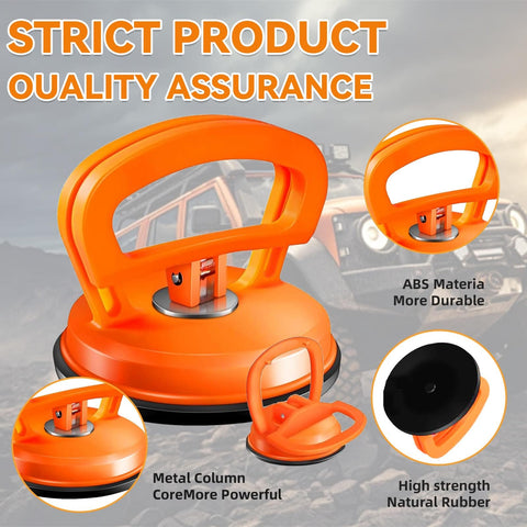 2026 Upgraded Car Dent Repair Kit 3 Pack With Beefed-Up Dent Puller And Suction Cup Tools Paintless Car Dent Remover Set For Body Dents Includes Large And Small Pullers Built Tough With Rubber And Metal Build Orange with highlighted features and orange color