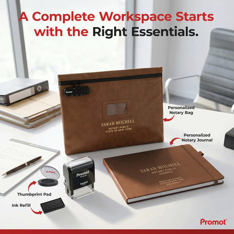 Desk with State Specific Self Inking Notary Stamp For All States With Crisp Clear Impressions, journal, and notary bag