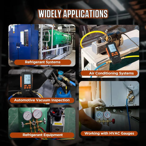 Digital Vacuum Gauge Pro HVAC handheld meter; shown in six application scenes: refrigerant, AC, automotive vacuum.