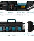 Four Port 18V Fast Charger for Makita Lithium Ion Batteries with Dual USB, showing ports and dimensions