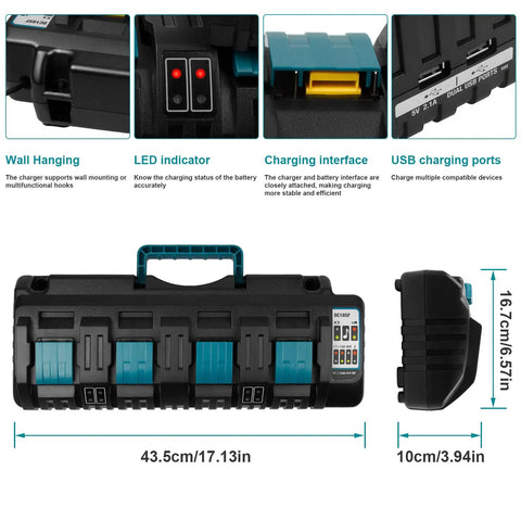 Four Port 18V Fast Charger for Makita Lithium Ion Batteries with Dual USB, showing ports and dimensions