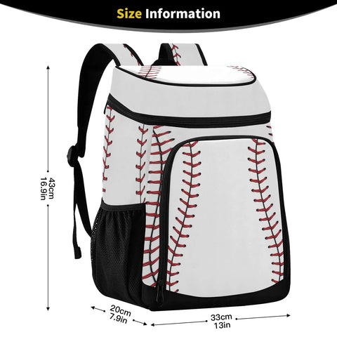 Sport Stripe Baseball Cooler Backpack with Insulated Leakproof Liner, large capacity, front view with measurements.