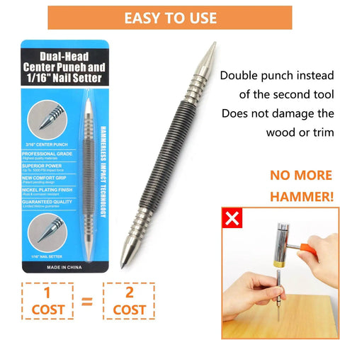 Dual Head Hammerless Nail Setter And 3/16 In Center Punch With 3500 PSI Striking Force packaging and usage demonstration