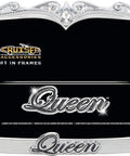 Blinged Out Queen License Plate Frame Chrome And Clear With Nine Glass Crystals Black Glitter Lettering On Bottom Zinc Die Cast With Show Chrome Finish And Durable Fastener Caps.