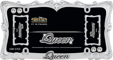Blinged Out Queen License Plate Frame Chrome And Clear With Nine Glass Crystals Black Glitter Lettering On Bottom Zinc Die Cast With Show Chrome Finish And Durable Fastener Caps.