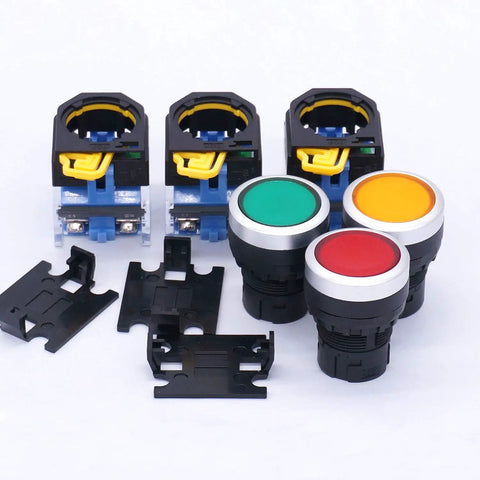 Momentary Push Button Switch 22mm 1NO 1NC With Red Yellow Green Buttons, beefy build, rugged industrial panel switch