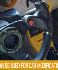 Close-up of steering wheel with carbon fiber grip and red 24Pcs 16Mm Momentary Push Button Switch for car modification.