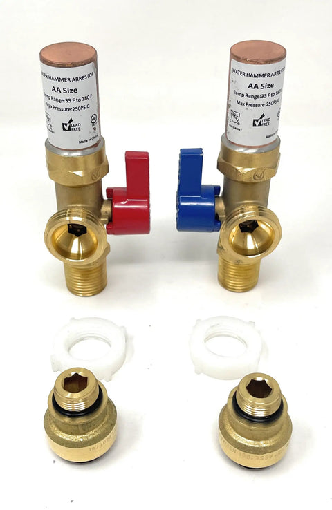 Washing Machine Valve With Water Hammer Arrestor And Push Fit Three Quarter Inch MHT No Fuss Easy Install Kit for quiet plumbing