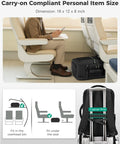 Underseat Carry On Travel Backpack With Removable Shoe Compartment fits under airplane seat and shown on luggage with strap.