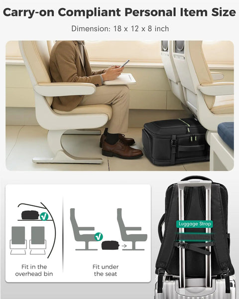 Underseat Carry On Travel Backpack With Removable Shoe Compartment fits under airplane seat and shown on luggage with strap.