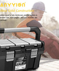17 Inch Tool Box With Removable Tray And Stainless Steel Dual Lock, rugged metal handle, on construction site background