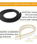 Dishwasher Door Seal Kit Replacement For Frigidaire Kenmore Electrolux And Crosley Includes Door Gasket 154827601, Lower Seal 809006501, Splash Shield 154701001 For A Precise Fit And Quiet, Durable Repair displayed with components.