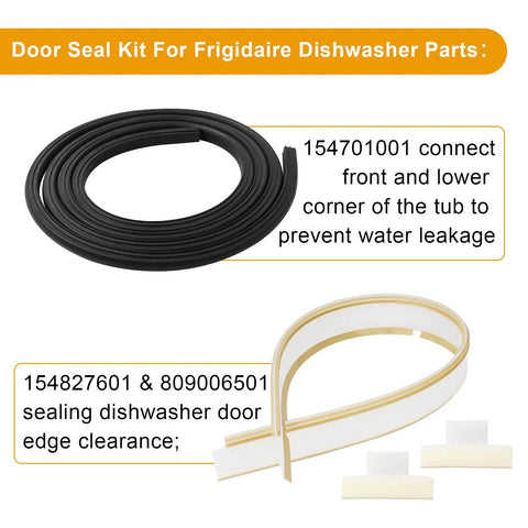 Dishwasher Door Seal Kit Replacement For Frigidaire Kenmore Electrolux And Crosley Includes Door Gasket 154827601, Lower Seal 809006501, Splash Shield 154701001 For A Precise Fit And Quiet, Durable Repair displayed with components.