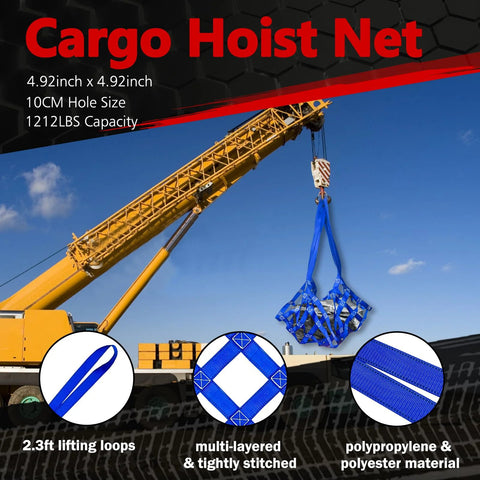 Heavy Duty Cargo Lifting Net 1212 Lbs 4.92x4.92 Ft With 10x10 Cm Mesh Polyester Hoist Net shown with crane lifting cargo