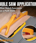 Dual Notch Safety Push Stick With Loop Handle Grip for Table Saw, demonstrating rear notch use with non-slip grip.