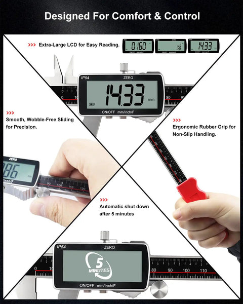 Display features of Dope Digital Caliper 12 Inch With Ultra Precision 0.001 Inch Accuracy, Rechargeable USB C Caliper