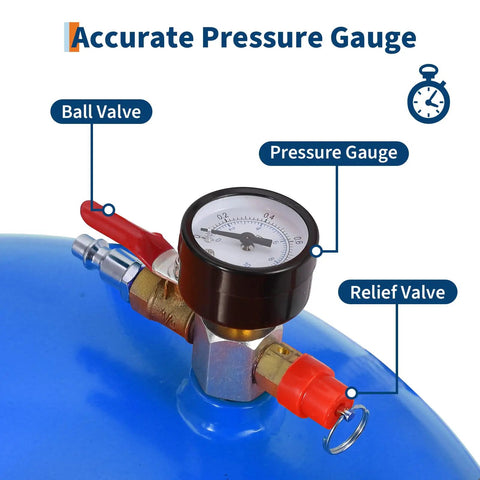Hoguyexila 8 Gallon Portable Waste Oil Drain Tank Kit, Big Capacity Fluid Pickup Container With Pneumatic Pump For Quick Auto Garage Oil Changes And Vehicle Maintenance Jobs On Road. pressure gauge and valve on blue tank