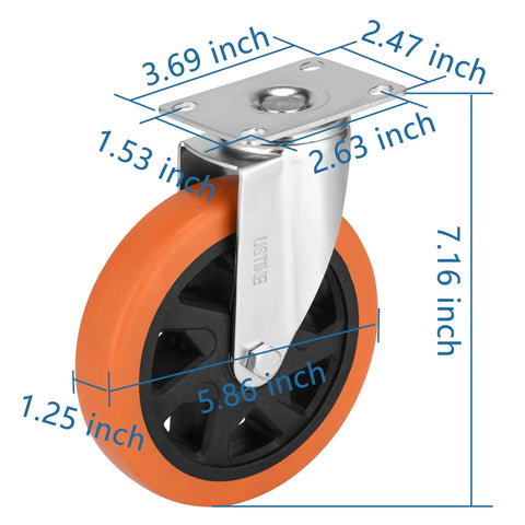 Heavy Hitter 6 Inch Caster Wheels Set Of Four With Ball Bearings and 360 Degree Swivel Action, showing dimensions of a swivel caster.