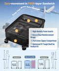 Diagram of wine travel suitcase with foam inserts, TSA lock, and double wheels showing secure wine bottle storage and size comparison.