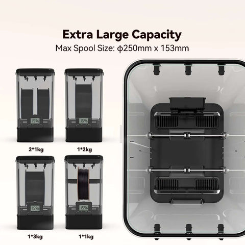 SP2 Filament Box Dryer extra large capacity, max spool size Ø250mm x 153mm, shows stackable design for 3D printing filaments
