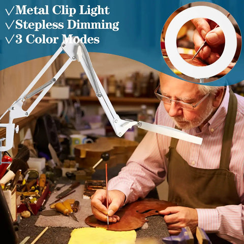 Man using 10X Magnifying Light With LED Desk Lamp Clamp in workshop for crafts, showing flexible arm and metal clip light.