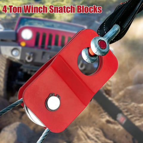 8000 Lb Winch Snatch Block Pulley For Off Road Vehicles Beefy Heavy Duty Steel Recovery Pulley 54 mm Wheel Fits 316 To 14 Inch Winch Cable Red ATV UTV Truck, red steel pulley close-up