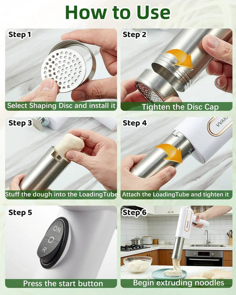 Step-by-step guide for using the Cordless 5-In-1 Electric Pasta Maker Machine to create fresh homemade noodles.