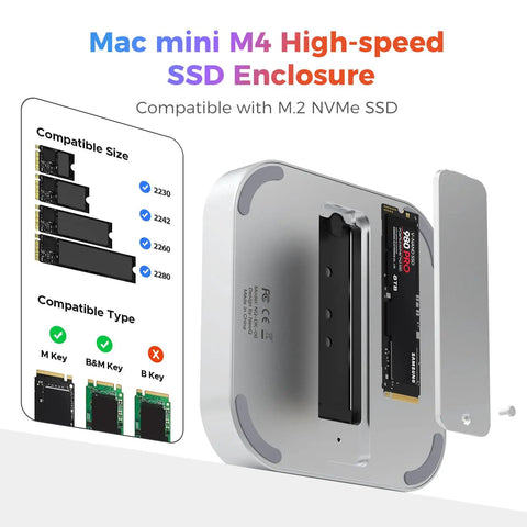 Plug And Play 40Gbps M2 NVMe SSD Enclosure For Mac Mini M4 And Pro showcasing compatibility details and an open SSD slot.