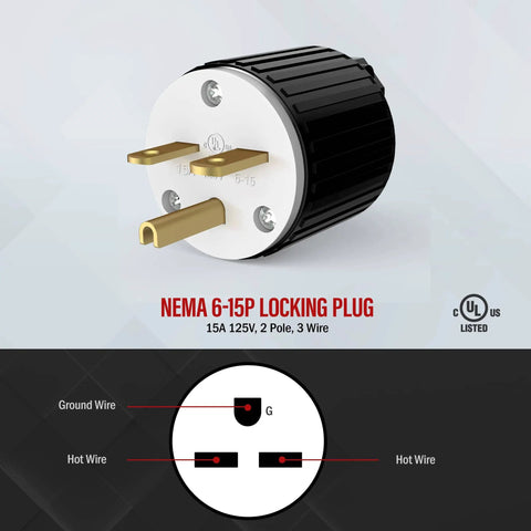 Built Tough Heavy Duty NEMA 6 15P Straight Blade Plug Connector 15 Amp 250 Volt 2 Pole 3 Wire Grounding UL Listed Black Nylon