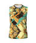 Men Breathable Mesh Sleeveless Tank Top Featuring Raw Cut Edges And Dropped Shoulders Quick Dry Gym Vest in vibrant abstract design.