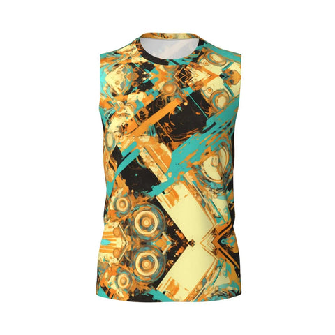 Men Breathable Mesh Sleeveless Tank Top Featuring Raw Cut Edges And Dropped Shoulders Quick Dry Gym Vest in vibrant abstract design.