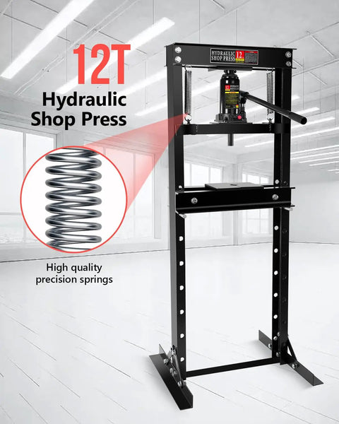 12-Ton Hydraulic Shop Press With H-Frame Floor Standing Bearing Press For Garage And Metalworking Heavy-Duty Adjustable Height