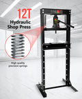 Beefy 12 Ton Hydraulic Shop Press With H Frame Adjustable Height Bearing Support And Safe Operation For Auto Repairs And Metal Fabrication Heavy Duty Pressing Power black steel frame with precision springs