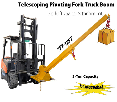 Heavy Hitter 6600Lb Telescopic Forklift Boom Attachment With Dual Hooks And Pivoting Jib Extends To 12 Ft Reach mounted on a forklift.