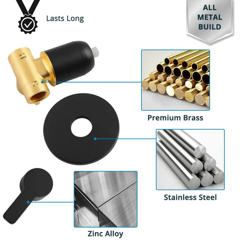 Materials of Matte Black Shower Valve Handle Kit for Wall Mount Rough-In Tub Shower Control Valves, brass, stainless steel, zinc