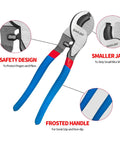 Heavy Duty 10 Inch Cable Cutter With High Leverage Handles Designed For Thick Copper Wire And Communication Cables Built From Rust Resistant Steel To Cut Like Butter Every Single Time showing safety design and frosted handle details.