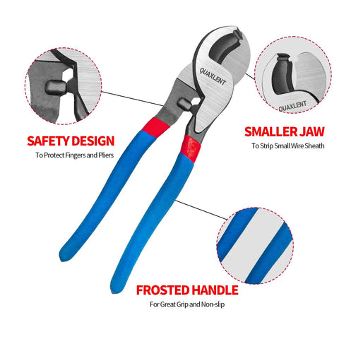 Heavy Duty 10 Inch Cable Cutter With High Leverage Handles Designed For Thick Copper Wire And Communication Cables Built From Rust Resistant Steel To Cut Like Butter Every Single Time showing safety design and frosted handle details.